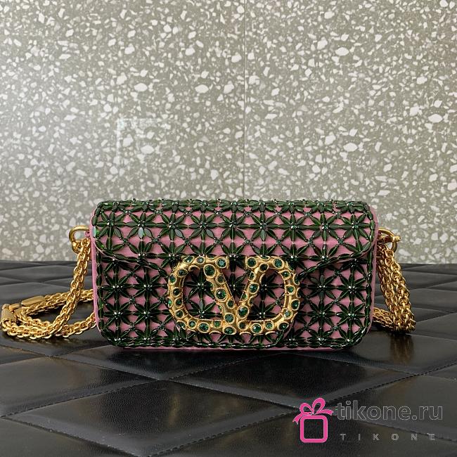 Valentino Garavani Loco Small Shoulder Bag Embroidered With Jewel Logo Emerald/Rhodo - 20x11x5cm - 1