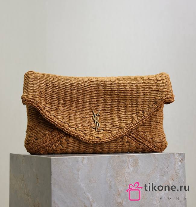 YSL Cassandre Large Envelope Pouch In Raffia Natural Brown - 29.5×18×4.5cm - 1