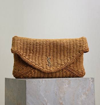 YSL Cassandre Large Envelope Pouch In Raffia Natural Brown - 29.5×18×4.5cm