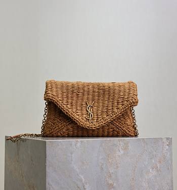 YSL Cassandre Chain Pouch In Raffia Natural Brown - 19x12x3cm