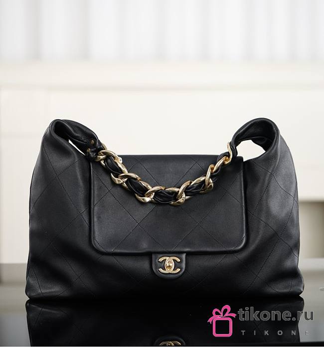 Chanel Maxi Hobo Bag Shiny Calfskin & Gold Tone Metal Black - 43x33x7cm - 1
