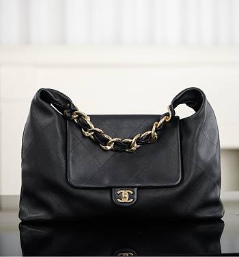 Chanel Maxi Hobo Bag Shiny Calfskin & Gold Tone Metal Black - 43x33x7cm