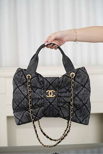Chanel Maxi Bow Bag Washed Denim & Gold Tone Metal Black - 38x29x5cm