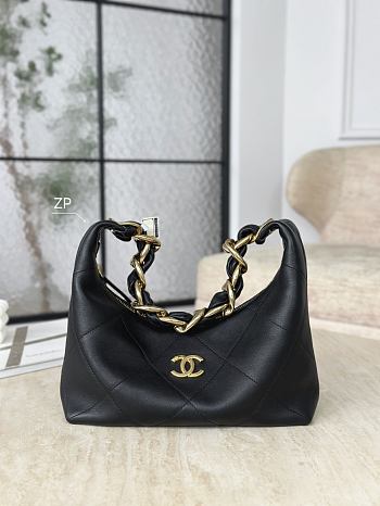 Chanel Hobo Handbag Shiny Calfskin & Gold Tone Metal Black - 28x24x8cm