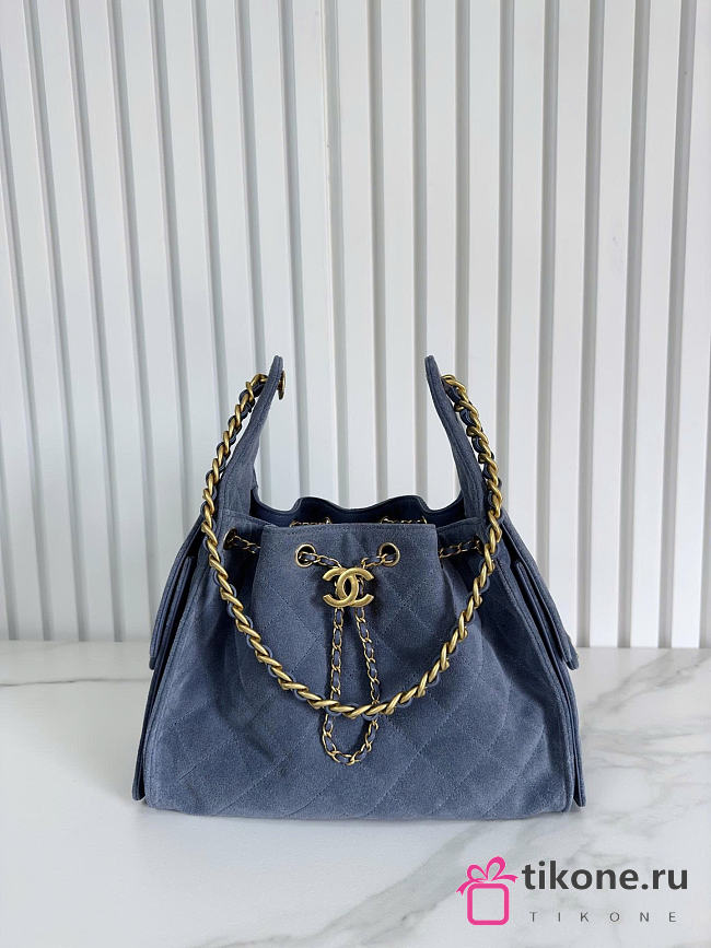 Chanel 25 Handbag Small Suede Gold Tone Metal Blue - 30x26x14cm - 1