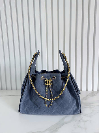 Chanel 25 Handbag Small Suede Gold Tone Metal Blue - 30x26x14cm