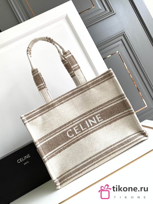 Celine Large Cabas Thais in Striped Textile with Celine Jacquard Tote Beige/Brown - 41x28x17.5cm - 1