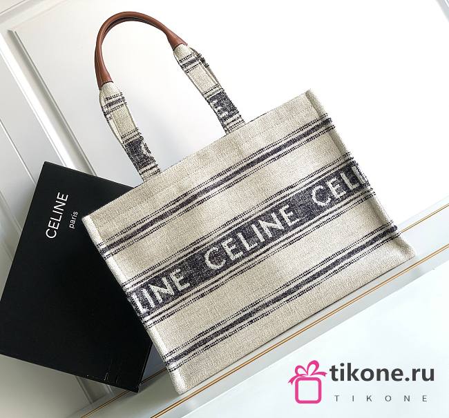 Celine Large Cabas Thais in Striped Textile with Celine Jacquard Tote Beige/Blue - 41x28x17.5cm - 1