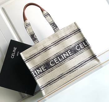 Celine Large Cabas Thais in Striped Textile with Celine Jacquard Tote Beige/Blue - 41x28x17.5cm