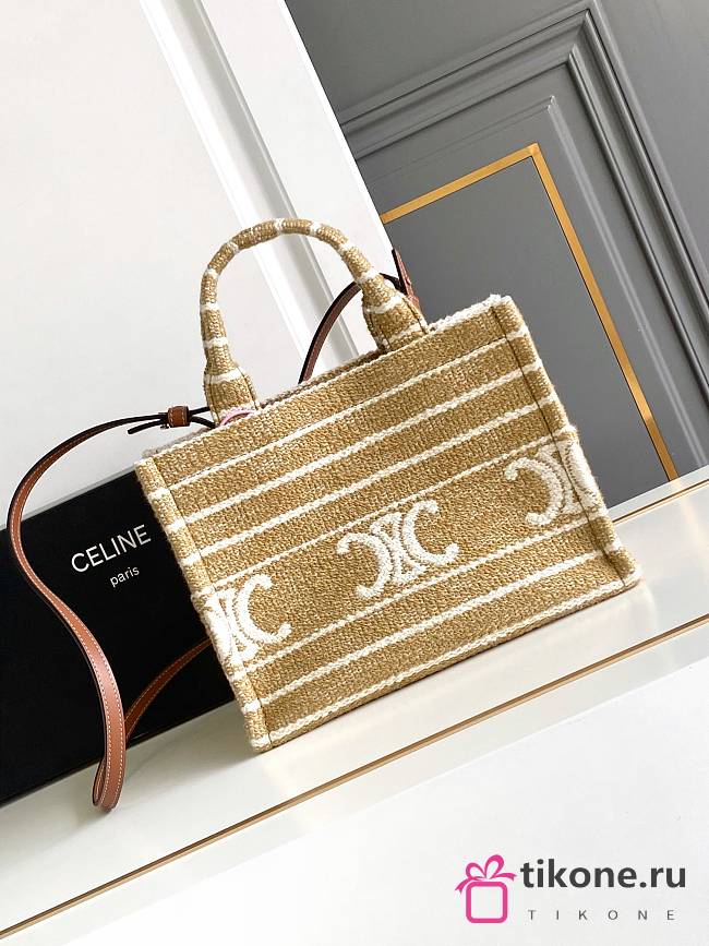 Celine Small Cabas Thais In Striped Textile With Triomphe Beige - 25.5x18.5x12cm - 1