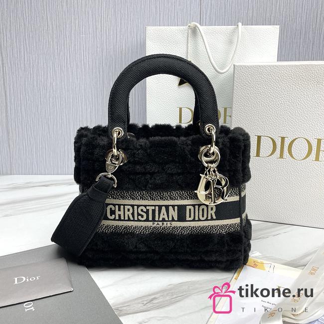 Dior Lady D-Lite Medium Bag Lambskin Wool Unbleached Caning Black - 24x21x12cm  - 1