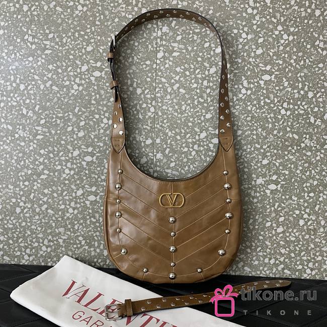 Valentino Garavani Hoboho Small Hobo Bag In Chevron Patterned Nappa Leather Brown - 28x21.5x3cm  - 1