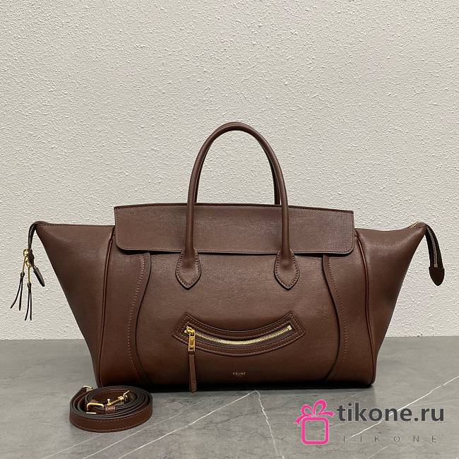 Celine Medium Smiling New Luggage In Supple Shiny Lambskin Deep Brown - 36x22x16cm - 1