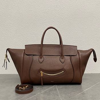 Celine Medium Smiling New Luggage In Supple Shiny Lambskin Deep Brown - 36x22x16cm