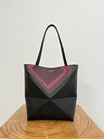 Loewe Medium Puzzle Fold Tote in Nappa Calfskin Black/Burgundy - 31x24.5x15cm