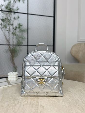 Chanel Backpack Grained Calfskin & Gold-Tone Metal Silver - 22x22.5x8.5cm