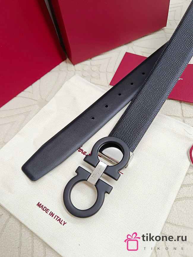 Salvatore Ferragamo Reversible And Adjustable Gancini Belt Smooth/ Hammered Calfskin Black Silver 3.5cm - 1