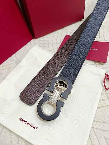 Salvatore Ferragamo Reversible And Adjustable Gancini Belt Grained Calfskin Black/ Brown Silver 3.5cm