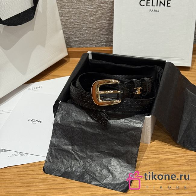Celine Triomphe Embossed Calfskin Belt in Black with Gold Buckle 2.5cm - 1