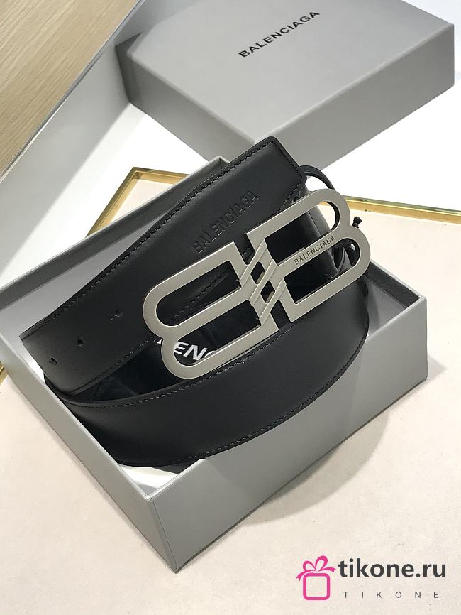 Balenciaga BB Hourglass Large Black Leather Belt Silver Hardware 3.8cm - 1