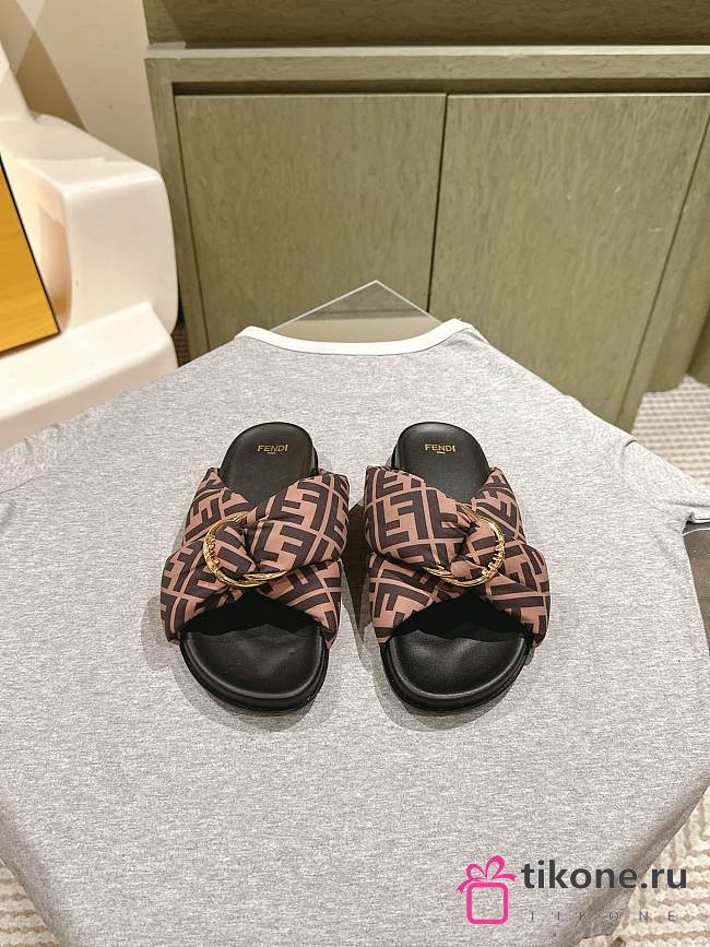 Fendi Brown FF Satin Slides - 1