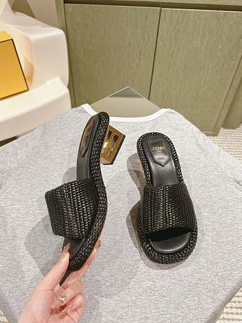 Fendi FF Baguette Motif Wide-Band Slides Black Raffia