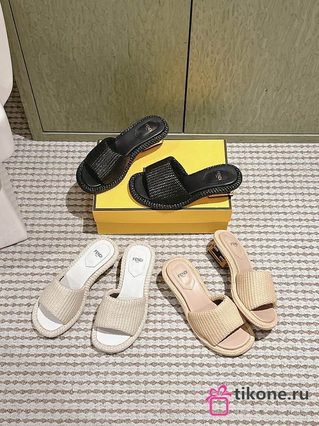 Fendi FF Baguette Motif Wide-Band Slides Black/ Beige/ White Raffia - 1