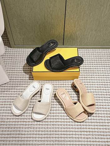 Fendi FF Baguette Motif Wide-Band Slides Black/ Beige/ White Raffia
