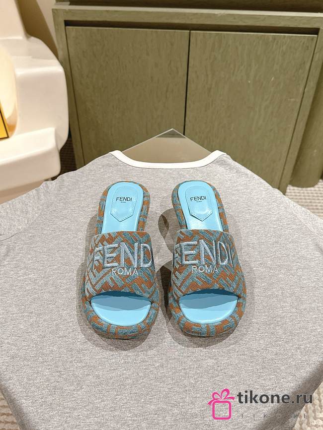 Fendi FF Baguette Motif Wide-Band Slides Light Blue FF Fabric - 1