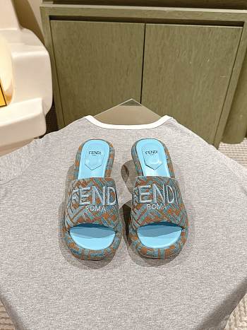 Fendi FF Baguette Motif Wide-Band Slides Light Blue FF Fabric