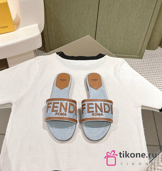 Fendi Blue/Brown Denim and Leather Signature Flat Slides - 1