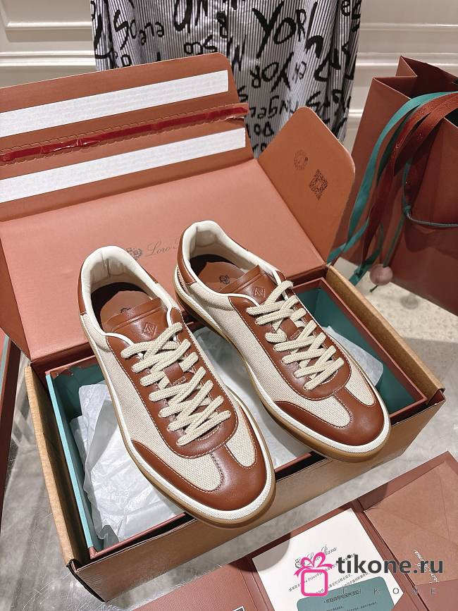 Loro Piana Tennis Walk Sneaker Suede Calf Split Linen Natural/ Caramel - 1