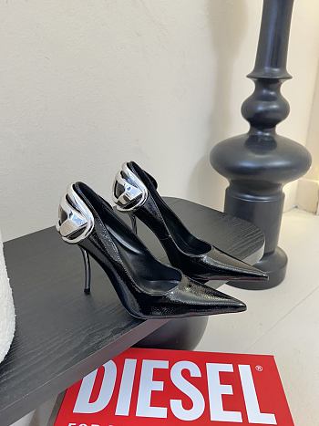 Diesel D-Ten & Half Pumps In Patent Pull-Up Leather Black Silver 10.5cm
