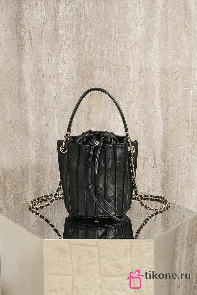 Chanel Small Bucket Bag Lambskin Gold Tone Metal Black - 15.2x14x14cm - 1