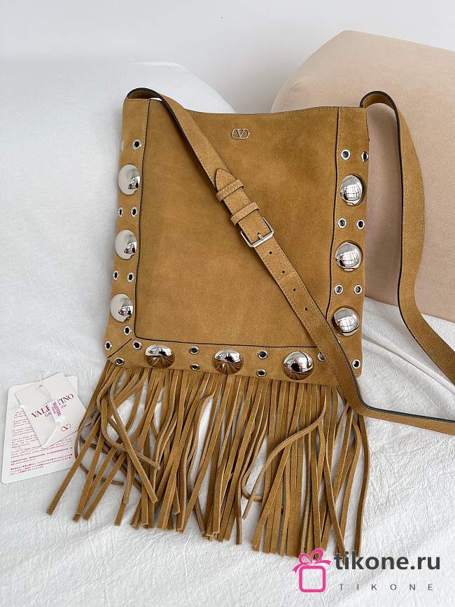 Valentino Garavani Nellcote Suede Shoulder Bag With Fringes Havana Beige - 30x31x3cm  - 1