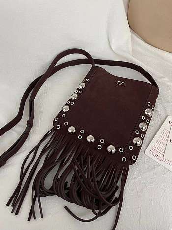 Valentino Garavani Nellcôte Small Shoulder Bag In Suede With Fringes Brown - 20x20x3cm