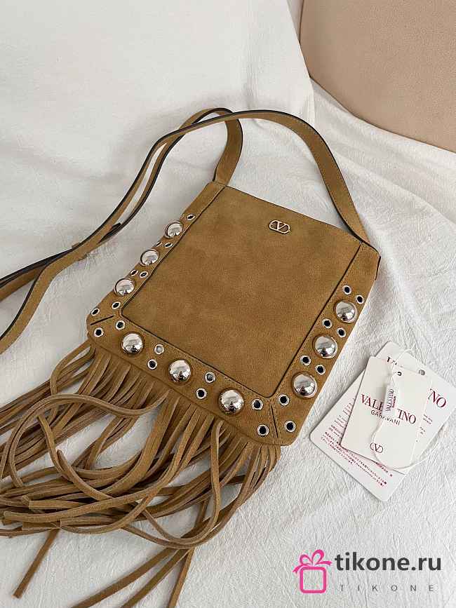 Valentino Garavani Nellcôte Small Shoulder Bag In Suede With Fringes Havana Beige - 20x20x3cm - 1