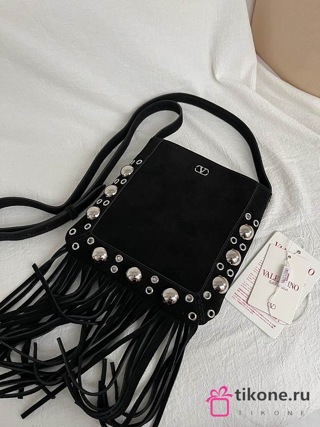 Valentino Garavani Nellcôte Small Shoulder Bag In Suede With Fringes Black - 20x20x3cm - 1