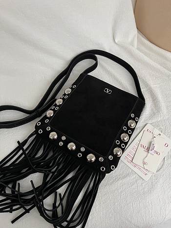 Valentino Garavani Nellcôte Small Shoulder Bag In Suede With Fringes Black - 20x20x3cm