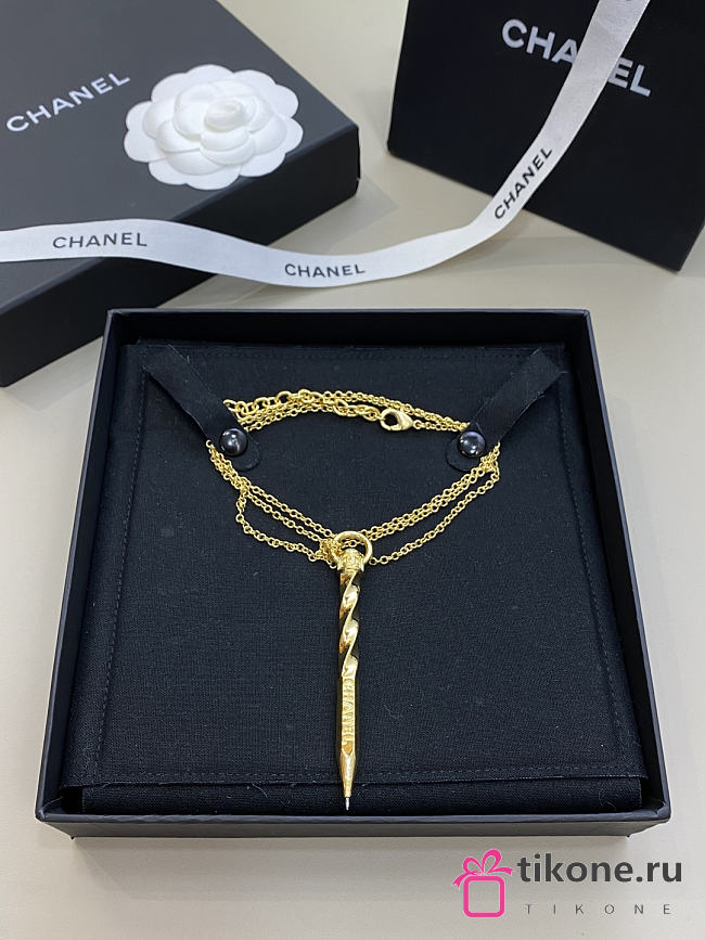 Chanel Necklace Gold with Twisted Engraved Pen Pendant - 1