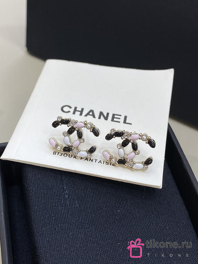 Chanel Earrings Rhinestone Enamel Gold Double C Stud - 1