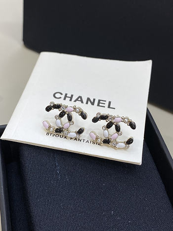 Chanel Earrings Rhinestone Enamel Gold Double C Stud