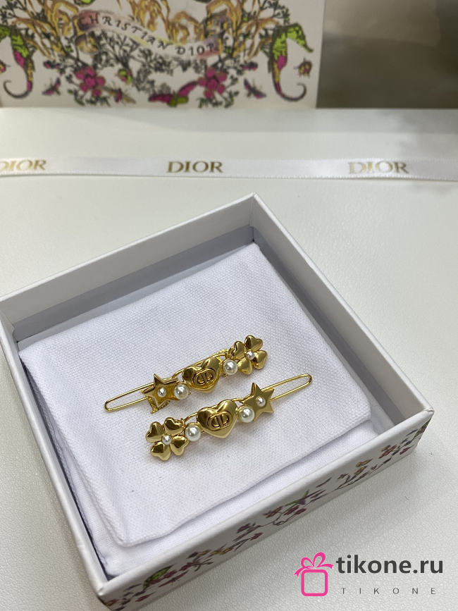 Lucky Dior Set of Barrettes Gold-Finish Metal and White  - 1