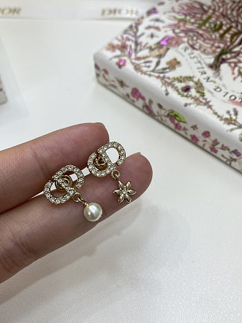 Dior Tribales Earrings Pale Gold Finish Metal, White Resin Pearls and Silver Tone Crystals