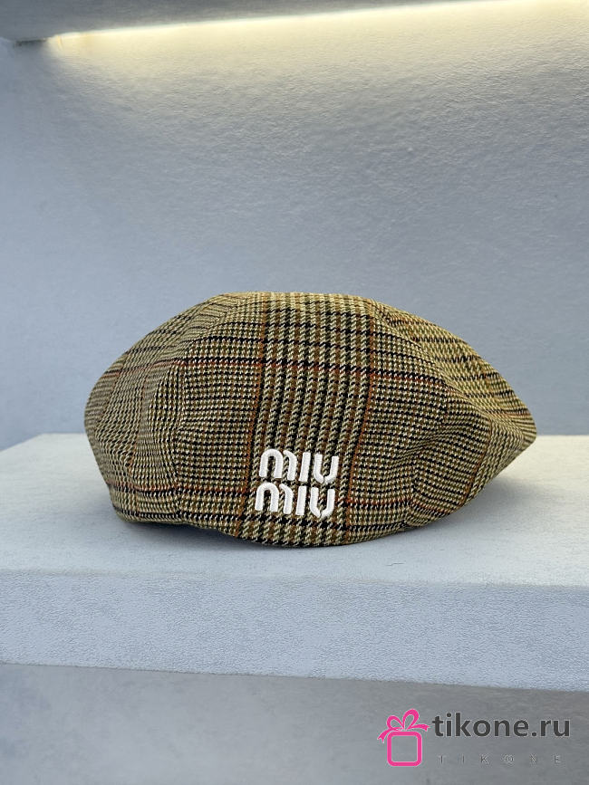 Miumiu Prince of Wales Checked Wool Hat in Brown - 1