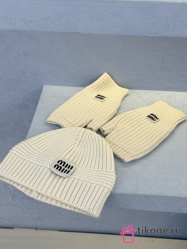 Miumiu Combo Beanie/Gloves Wool And Cashmere White - 1