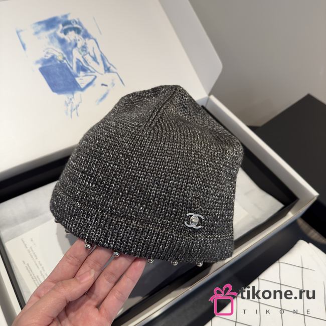 Chanel Metallic Trim Knit Beanie Dark Gray - 1