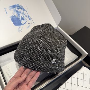 Chanel Metallic Trim Knit Beanie Dark Gray
