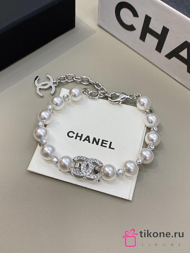 Chanel Silver Full Diamond Double C Pearl Crystal Rhinestone Bracelet - 1