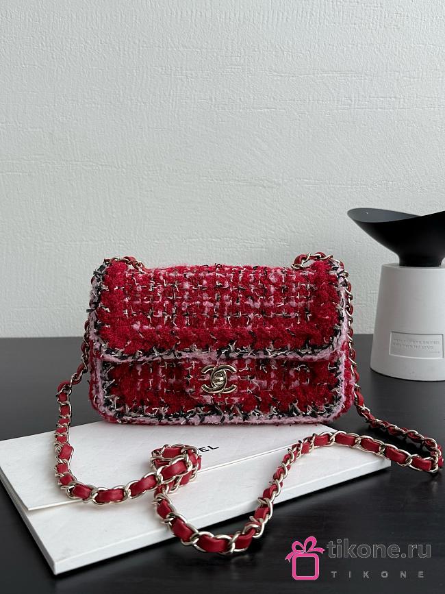 Chanel Small Classic Handbag Tweed & Gold Metal Red Pink & Black - 23x14.5x6cm - 1